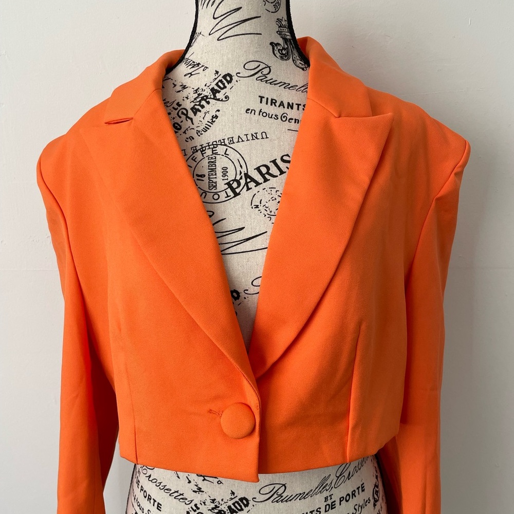 Cropped Blazer Orange Padded Shoulder Single Button Statement Jacket